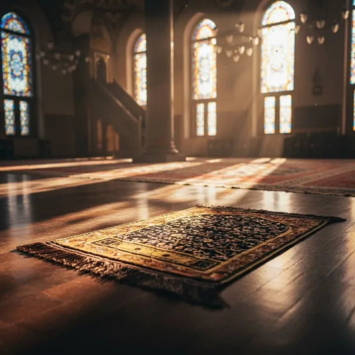 Decorative kids velvet prayer mat on wooden floor background