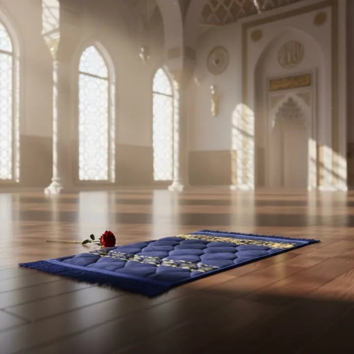 Kids velvet prayer mat in blue with printed red rose design placed on wooden floor