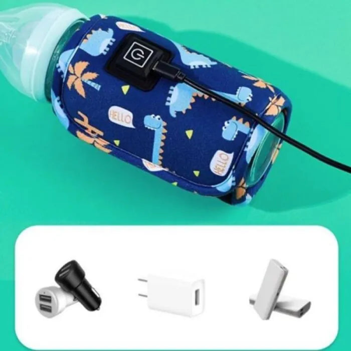 Baby bottle warmer with dinosaur pattern and accessories on green background – USB feeder warmer for infants