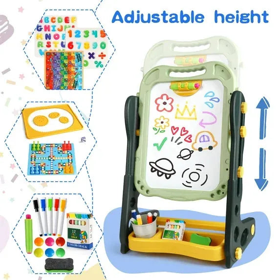 Children’s Learn-n-Draw Double Fun Board with adjustable height, markers, and educational toys on colorful background – 2-in-1 whiteboard and chalkboard for kids