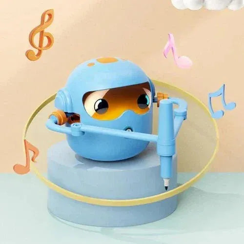 Educational Drawing Robot Toy figure with blue helmet and musical notes on beige background – interactive kids drawing robot