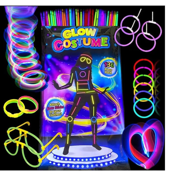 Glow stick kit with packaging labeled ‘Glow Costume’ – includes various glow sticks and connectors for kids’ parties