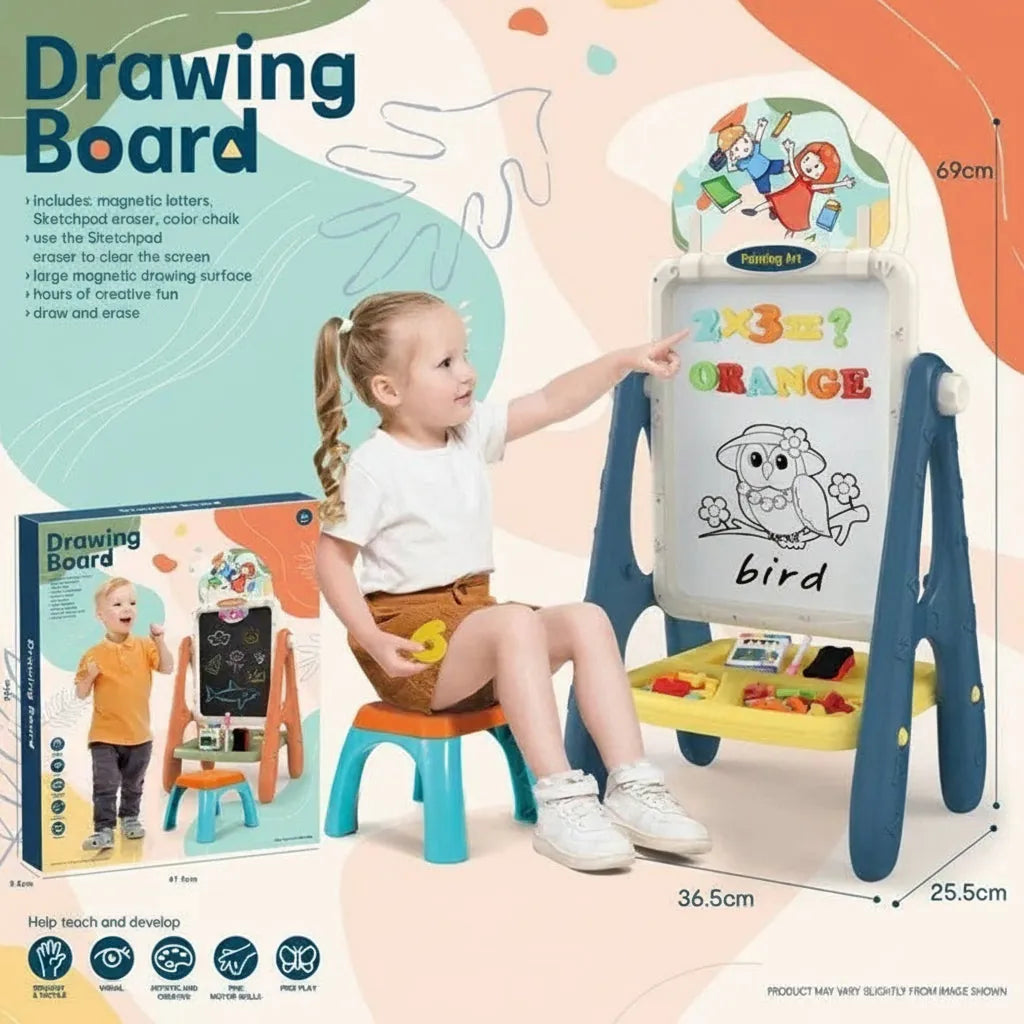 Children’s Learn-n-Draw Double Fun Board with child using it, packaging on the side, and product details – 2-in-1 whiteboard and chalkboard for kids