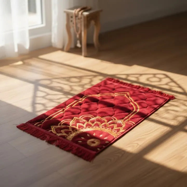 Red and gold printed kids velvet prayer mat on wooden floor
