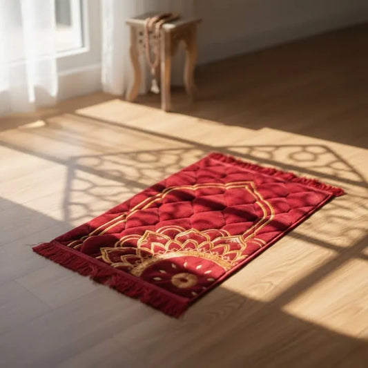 Red and gold printed kids velvet prayer mat on wooden floor