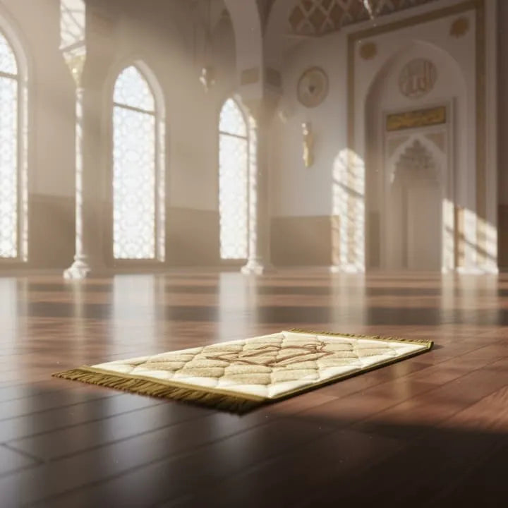 Off white kids velvet prayer mat with printed design placed on wooden floor