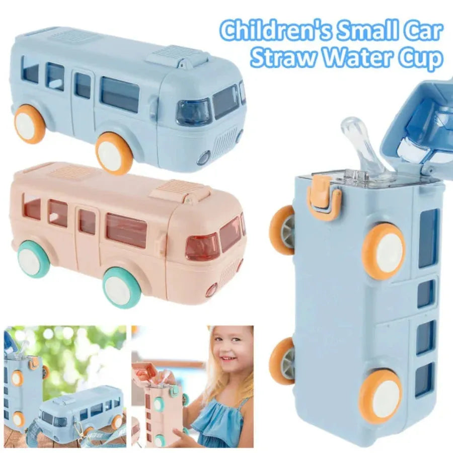 School Bus Design Kids Water Bottle with Strap | 500ml Leak-Proof ABS Plastic Bottle (Random Color)