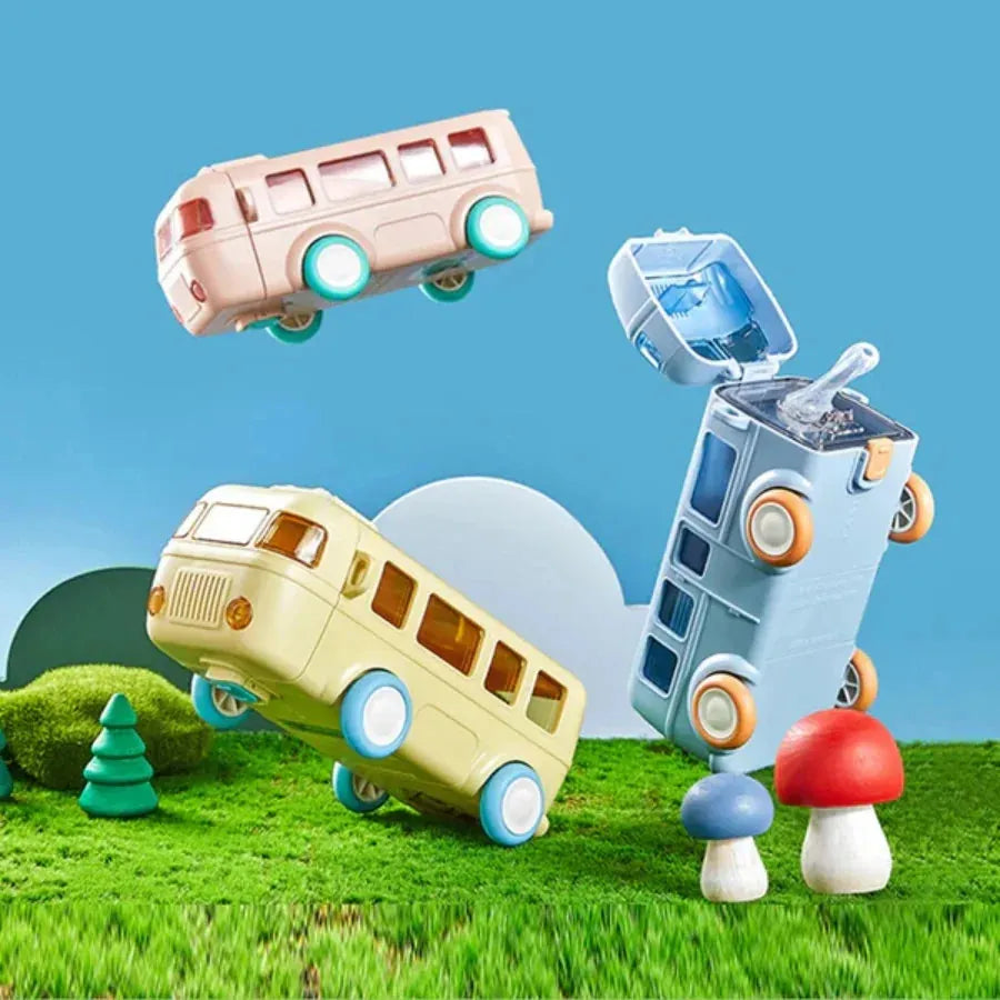 School Bus Design Kids Water Bottle with Strap | 500ml Leak-Proof ABS Plastic Bottle (Random Color)